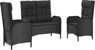 vidaXL Set Comedor De Jard&iacute;n 3 Pzas Con Cojines Rat&aacute;n Sint&eacute;tico Negro Vidaxl