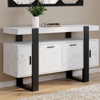IDMarket Idmarket - Aparador Phoenix 4 Puertas 140 Cm Con M&aacute;rmol Blanco Alaska Y Efecto Negro