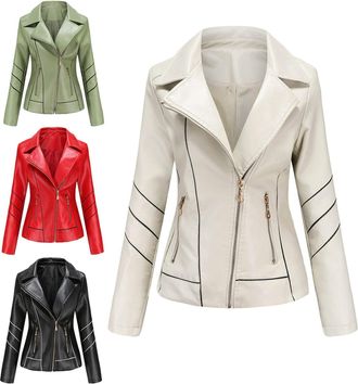 Generic Faux Leather Jacket Women Plus Size,Womens Leather Jacket Biker Moto Jacket Zip Up Outerwear Lapel Classic Short Jacket Coat With Lines Moto Biker Sty