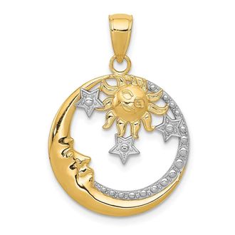 Diamond2Deal 14k Yellow Gold Rhodium Diamond-Cut Moon, Stars, Sun Pendant