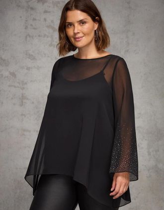 Live Unlimited London Womens Black Sheer Embellished Sleeve Layered Tunic - Size: 26