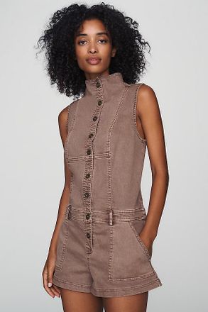 Pilcro Sleeveless Funnel-Neck Denim Romper