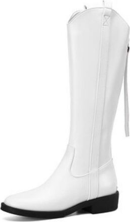 Generic Womens Round Toe Knee High Boots PU Leather Long Boots with Side Zipper Flat Heel Riding Boot,White,3.5 UK