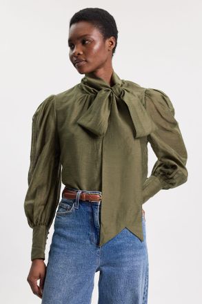 Karen Millen Womens Organdie Woven Pussybow Blouse - Khaki Lyocell - Size 14 UK