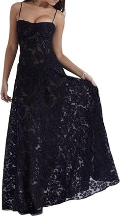 Generic Womens Sexy Lace Cocktail Dress, Sleeveless Spaghetti Strap Long Maxi Dress, Lace Floral Fitted Dress (Black,M)