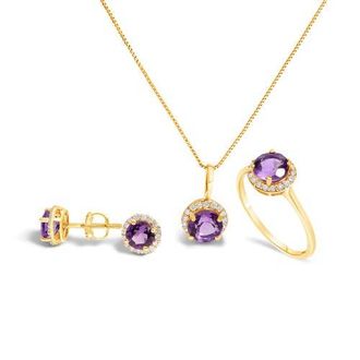 House of Brilliance 10K Gold Gemstone and 3/8 Cttw Diamond Halo Jewelry Set in Yellow | Purple Amethyst at Nordstrom