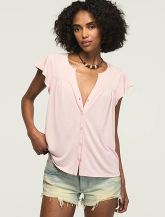 Lucky Brand Womens Sandwash Button Up Notch Top