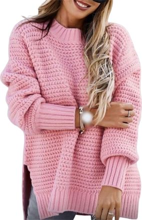 Generic Womens Oversized Chunky Knit Sweaters Long Sleeve Mock Neck, Side Slit Jumper,Comfy Loose Ribbed Knitted (Pink,XXXL)
