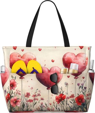 Generic Flowers Love Hearts Print Large Beach Bag Foldable Travel Shoulder Tote Bag With Pocket For Weekender Pool Vacation
