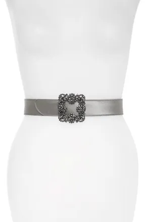 Manolo Blahnik Hangisi Jewel Buckle Satin Belt in Silver at Nordstrom, Size Medium