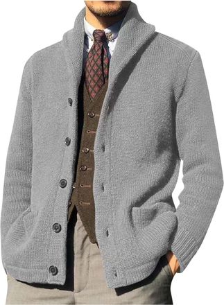 Generic Mens Cable Knit Sweater Button Down Fleece Cardigan UK Shawl Collar Open Front Tops Trendy Plain Long Sleeve Warm Elastic Jacket with Pockets 2025 Fal