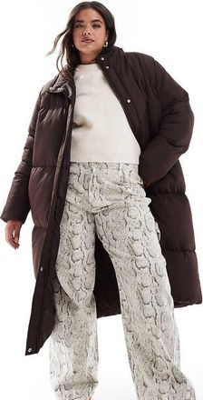 Threadbare Plus - Piumino lungo marrone con cappuccio