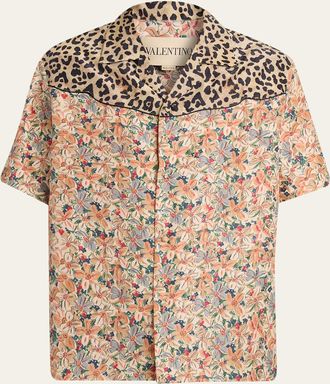 Valentino Garavani Mens Leopard Floral Silk Camp Shirt