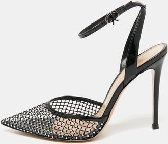 Gianvito Rossi Black Mesh And Pvc Crystal Embellished Pointed Toe Ankle Strap Pumps