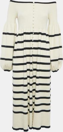 Joslin Off-White Rib Knit Stripe Off-Shoulder Button Detail Flared Midi Dress