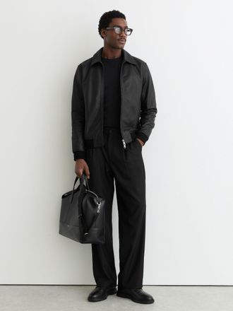 Reiss Black Grained-leather Zip-through Jacket, Xxl