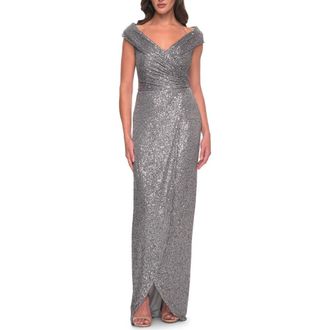 La Femme Sequin Long Evening Dress with Ruching and V Neck in Silver at Nordstrom, Size 16