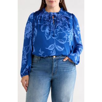 Sugarlips Ciara Floral Lindsey Ruffle Top in Navy-Blues at Nordstrom, Size 1X