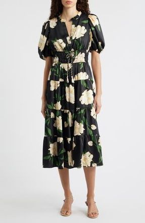 Vince Camuto Floral Puff Sleeve Midi Dress in Black Multi at Nordstrom Rack, Size 8