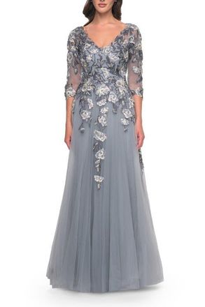 La Femme Tulle A-Line Gown with Beautiful Lace Applique and Sheer Sleeves in Slate Blue at Nordstrom, Size 16