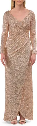 La Femme Long Sleeve Sequin Evening Dress with Ruching in Rose Gold at Nordstrom, Size 10