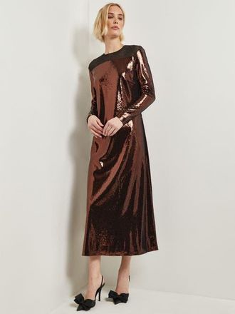 Misook Modern Fit Sheer Shoulder Sequin A-Line Maxi Dress in Mahogany at Nordstrom, Size Xx-Small