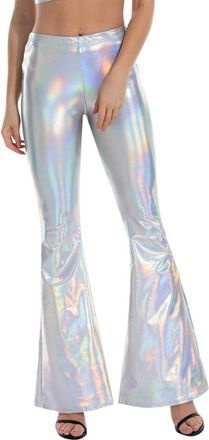 Generic Women Shiny Metallic Trousers High Waist Stretch Disco Leggings Music Festival Dancewear Nightclub Dress Up Full Length Wet Look Flared Pants