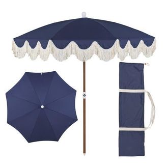 Jonathan Y Designs Mariner 6.5 ft. Classic Cottage Fringe Tassel Market Beach Umbrella with Push Button Tilt in Navy - Dark Brown Pole at Nordstrom