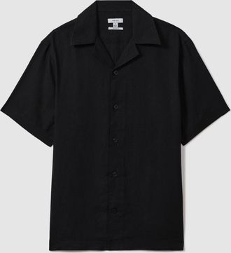 Reiss Black Linen Cuban-collar Shirt, L