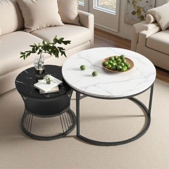 OEM Mesa De Centro Nido Redonda - M&aacute;rmol Blanco/negro - 2 Piezas - &Oslash;70/45cm - Dise&ntilde;o Contempor&aacute;neo