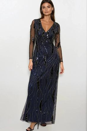 Mango Womens Navy Long Sleeve Beaded Evening Dress - Size 10 UK
