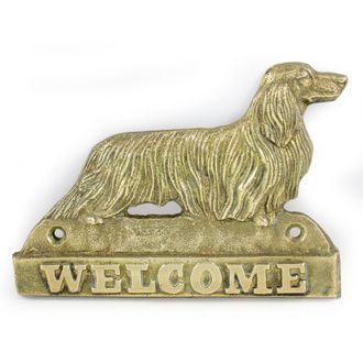 OEM Teckel De Pelo Largo: Placa De Bienvenida De Lat&oacute;n Con Un Perro, Placa De Bienvenida &Uacute;nica Con La Palabra Welcome De Art-dog