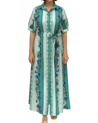 Celina Moon Short Sleeve Striped Floral Maxi Dress In Green Multi