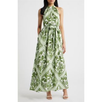 Julia Jordan Sleeveless Tie Belt Maxi Dress in Green Multi at Nordstrom, Size 10