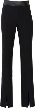 Nenette Zwarte Crepe Bistretch Broek met Eco-Leren Inzetstukken - Dames - Wijde Broeken - Zwart - M - Leer - Broeken
