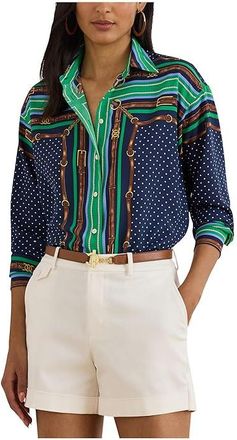Lauren Ralph Lauren Relaxed Fit Belting Polka-Dot Shirt Womens Clothing Blue : SM, Polyester
