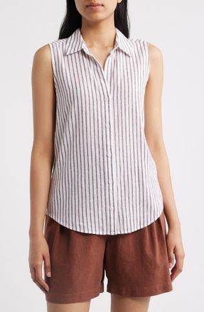 Cloth & Stone Split Back Stripe Sleeveless Button-Up Shirt in Cocoa Brown Stripe at Nordstrom, Size X-Large