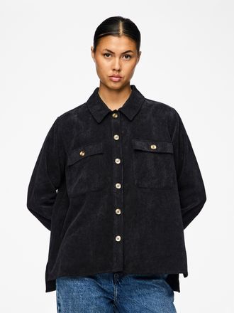 Pieces Hemdbluse PIECES PCEFFI LS SHIRT WVN NOOS, Damen, Gr. L, schwarz, Cord, Obermaterial: 92% Polyester, 8% Nylon, unifarben, loose fit Po-bedeckend, Blus