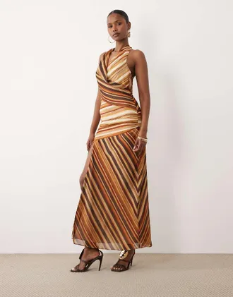 Forever New Vestito lungo allacciato al collo in chiffon marrone a righe-Multi