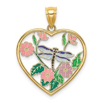 Diamond2Deal 14k Yellow Gold Enamel Dragonfly and Flower in Heart Charm Pendant