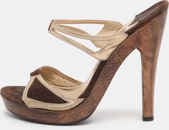 Jimmy Choo London Brown/gold Leather And Suede Henri Wooden Slide Sandals