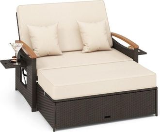 Costway Costway - Outdoor Sun Lounger Daybed Rattan Woven Loveseat Ottoman Set Adjustable Backrest