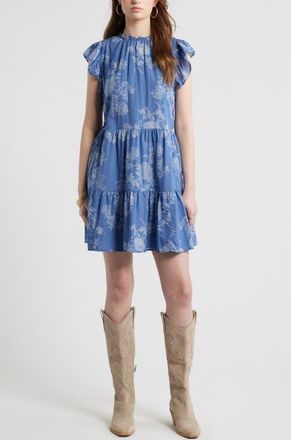 Treasure & Bond Tiered High Neck Shift Minidress in Blue Lace Bloom at Nordstrom, Size Xx-Small