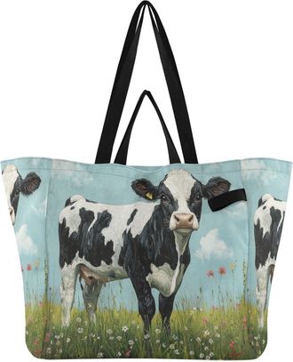 Generic Cow Flowers Blue print Reusable Canvas Tote Bag, Heavy Duty Grocery Shopping Bag with Hard Bottom Large Capacity Double Handles Work Groceries Travel