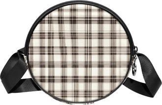 Generic Circle Crossbody Bag for Women, White Retro Plaid Small Sling Bag Daypack with Zipper Adjustable Shoulder Straps Casual Ladies Girls Round Purse