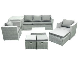 Fimous Rattan Garden Outdoor Furniture Sofa Set with Square Coffee Table 2 Chairs 3 Footstools Side Table Light Grey Mixed