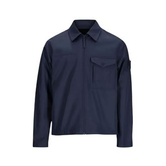 Stone Island Light Jackets, male, Blue, Size: L Cotton Canvas Overshirt