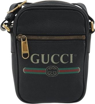 Gucci Logo Zip Messenger Printed Leather Black Leather Handbag (Pre-Owned)