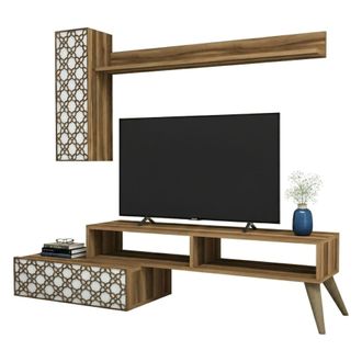 Dmora Dmora - Pared Equipada Dpinard, Composici&oacute;n De La Sala De Estar, Muebles De Sal&oacute;n Multiusos, Gabinete De Tv, 150x37h38 Cm, Nogal Y Blanco