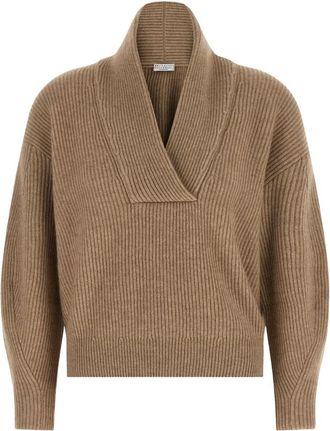 Brunello Cucinelli Truien - Dames - V-hals truien - Beige - XS - Truien & Vesten